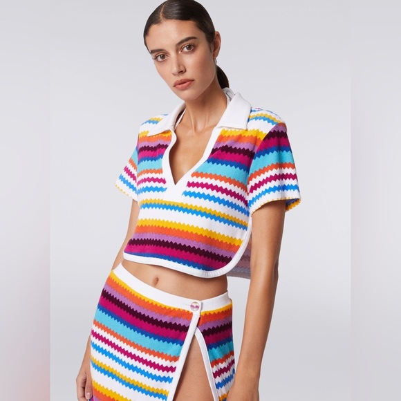 Missoni ZigZag Crop Shirt Top Small Multicolor Terry Towel Chevron IT40 White - Picture 9 of 16